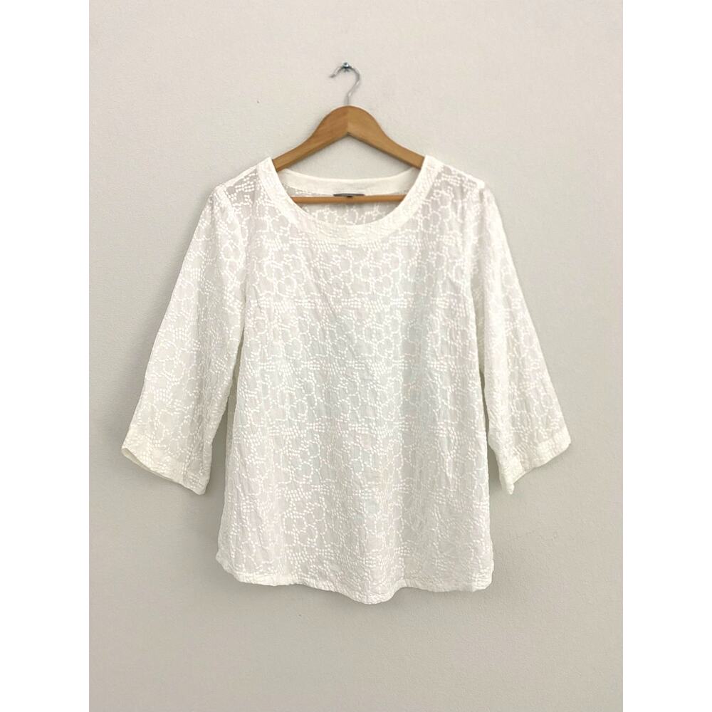 Habitat White Textured Cotton Tunic Top Size Medium 3/4 Sleeve Boho Coastal